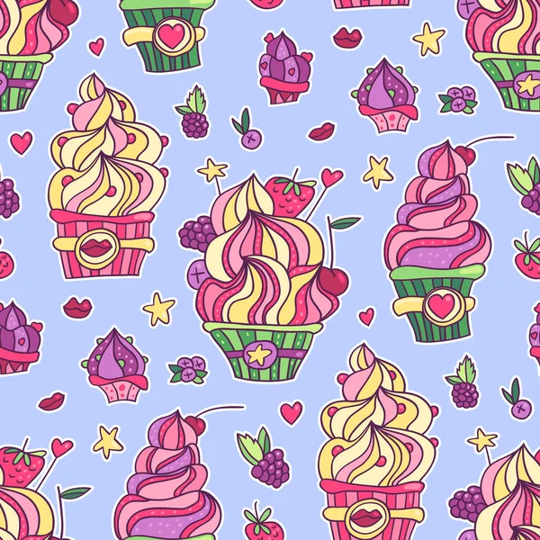 Seamless pattern with hand drawn big pink cupcakes on purple background. Stars, lips, tasty food. — Archivo Imágenes Vectoriales