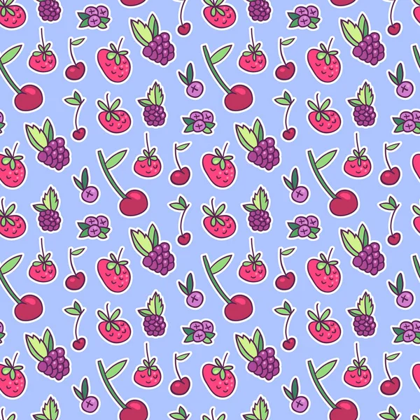 Berries seamless pattern. Strawberry, cherry, blueberry, stars, blackberry. Cute hand drawn elements. — стоковый вектор