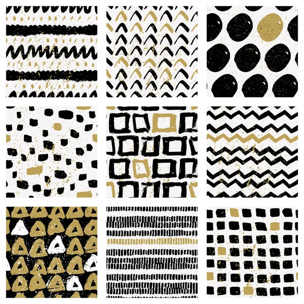 Vector collection of seamless patterns with hand drawn calligraphic brush strokes and dots. Black, white, gold. Good for wrapping paper, wedding card, birthday invitation, pattern fill, wallpaper — стоковый вектор