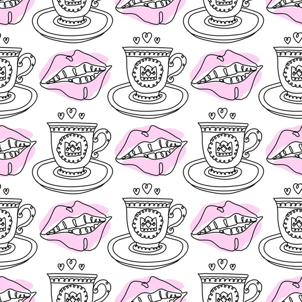 Eine Linie rosa Lippen und Zähne und Tee Porzellan Tasse auf Untertasse-Set. Nahtloses Muster — Stockvektor