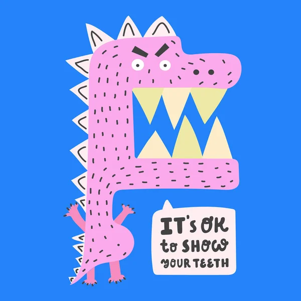 Está bien para mostrar sus dientes. Dinosaurio rosa plano dibujado a mano sobre fondo azul. — Vector de stock