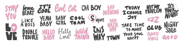 Vector hand drawn collection set of calligraphy lettering quotes and words. Pink and black color