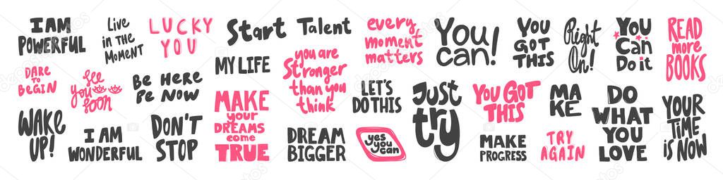 Vector hand drawn collection set of calligraphy lettering quotes and words. Pink and black color. Vector illustration