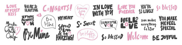 Vector hand drawn collection set of calligraphy lettering quotes and words. Pink and black color