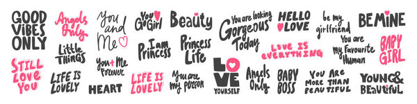 Vector hand drawn collection set of calligraphy lettering quotes and words. Pink and black color