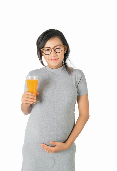 Mulheres Grávidas Asiáticas Estão Felizes Beber Suco Laranja Saudável Fique — Fotografia de Stock
