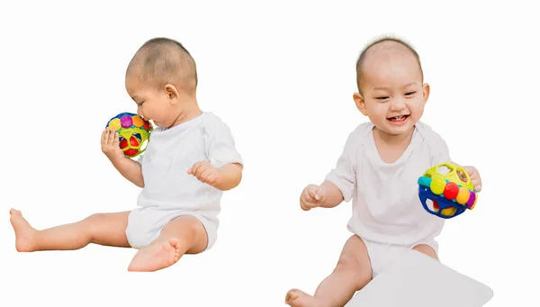 Cheerful Toddler Asian Baby Sitting Toys White Background Focus Face — Stock Photo, Image