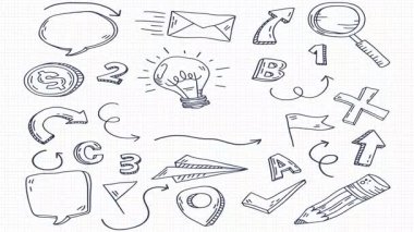 Okul karalamalarının grafik kağıdına dinamik bir animasyonu, canlı bir okula dönüş atmosferini anımsatıyor, eğitim içeriği ve hareket halindeki yaratıcı projeler için ideal..