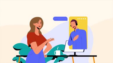Modern bir ortamda yardımcı ve empatik bir jest ile profesyonel destek ajansıyla dinamik video çağrısı animasyonu