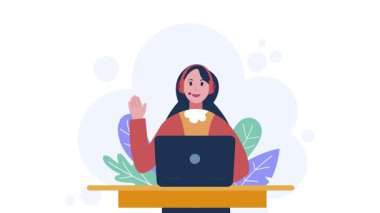 Arkadaş canlısı müşteri hizmetleri temsilcisi uzaktan destek için bilgisayarında çalışırken selam veriyor. Modern dijital asistan, neşeli.