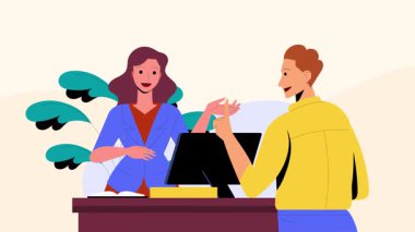 Modern ofis masası, canlı düz dizaynlı şık monitör ve bitki yapısı, çağdaş çalışma ortamı videoları ve yaratıcı görsel projeler için mükemmel.