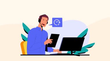 Modern ofis ortamında bir video görüşmesi veya sunumu sırasında kulaklık ve bilgisayarla mükemmel müşteri hizmetleri sağlayan dostane teknik destek aracıName