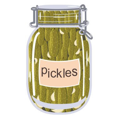 Ev yapımı turşular cam kavanoz vektör illüstrasyonunda terbiye edilmiş küçük cornichonlar.