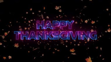 Mutlu Şükran Günü tabelası, bayram kutlaması için arka planda uçuşan akçaağaç yapraklarıyla parlıyor.