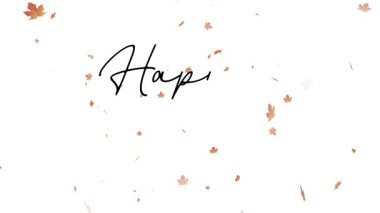 Şükran Günü 'nde beyaz arka planda uçuşan akçaağaç yapraklarıyla çizilmiş mutlu yazı animasyonu. Şükran Günü selamları için mükemmel.