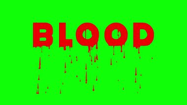 Yeşil arka planda kırmızı sıvı animasyon damlatarak dizayn edilen BLOOD metni, Cadılar Bayramı temaları, korku görselleri ve karanlık sinema projeleri için harika