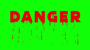 Yeşil perde arkaplanı üzerindeki DANGER kelimesi üzerinde gerçekçi kan damlası etkisi, Cadılar Bayramı görselleri, gerilim örtüleri ve karanlık sinematik temalar için harika.