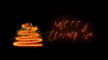 Noel ağacıyla mutlu noel metinleri animasyonu ve siyah arka plan üzerinde parıldayan altın neon ışık efektleri