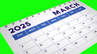 Ocak 'tan Aralık' a kadar açık olan 2025 takvim sayfası, kolay düzenleme ve birleştirme için yeşil ekran arka planında görüntülendi