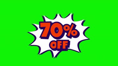 Canlı turuncu patlamalı çizgi roman afişi ve yeşil arka planda% 70 indirimli Discon, pazarlama, indirim ve reklam kampanyaları için mükemmel..