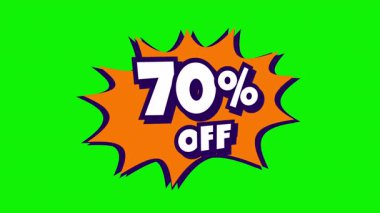 Canlı turuncu bir patlama içeren animasyon komedi afişi. Parlak yeşil arka planda% 70 indirimli metin.