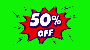Canlı turuncu bir patlama ve% 50 indirimli parlak yeşil arkaplanlı metin içeren animasyon komedi afişi