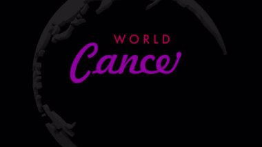 Dünya Kanser Günü animasyonunda arka planda dünya haritası olan bir kanser farkındalığı kurdelesi, küresel farkındalığı, birliği, desteği ve umudu simgeliyor.