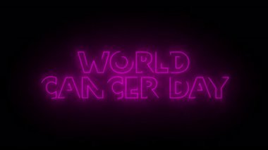 Dünya Kanser Günü metin animasyonu ve dünya haritası arka planı küresel kanser farkındalığı, destek, birlik ve sağlık kampanyasını temsil ediyor