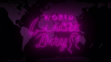 Dünya Kanser Günü metin animasyonu. Parlayan farkındalık kurdelesi ve neon ışık stilinde dünya haritası arka planı.