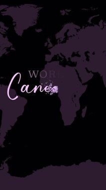 Parçacık yazma efekti ve dünya haritası arkaplanlı el yazısı Dünya Kanser Günü metin animasyonu