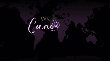 Parçacık yazma efekti ve dünya haritası geçmişi ile el yazısı Dünya Kanser Günü metin animasyonu, küresel kanser farkındalığı, birlik, destek ve umudu sembolize ediyor