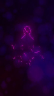 Dünya Kanser Günü metni, Bokeh arkaplanı üzerinde neon ışıklı animasyon, uluslararası kanser farkındalığı ve destek kampanyasının altını çiziyor