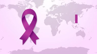 Dünya Kanser Günü animasyonu. Küresel kanser farkındalığı, desteği ve dayanışmayı temsil eden kanser farkındalığı kurdelesi ve animasyon metni.