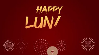 Fırça ile fırçala Mutlu Ay Yeni Yılı metin animasyonu kırmızı arka planda 2D havai fişek, Ay Yeni Yıl geleneği, mutluluk ve kültürel kutlamayı sembolize ediyor