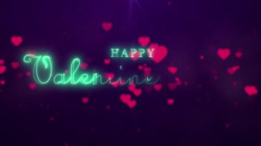 Sevgililer Günü 'nüz kutlu olsun. Arka planda yüzen kalpler, aşk teması, kutlama teması ve promosyon görselleri için romantik bir atmosfer yaratarak neon ışıklarıyla selamlayın.