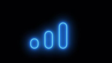 Sinyal kuvvet göstergesi animasyonu zayıftan güçlüye değişiyor, neon mavi parıltı etkisi, bağlantı geliştirme, kablosuz ağ durumu ve dijital iletişim konseptini temsil ediyor