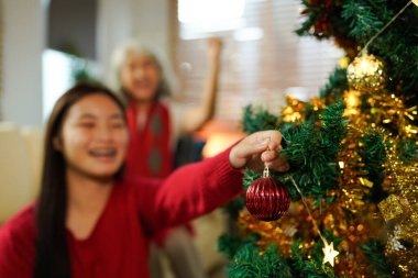 Büyükannem ve torunum evde Noel ağacı süslüyorlar..