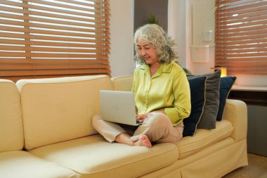 Yaşlı kadın evde bilgisayar kullanarak çalışıyor...