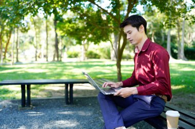Parktaki bankta oturan bir adam yanında kahve fincanıyla dizüstü bilgisayar kullanarak güneşli bir günün tadını çıkarıyor..