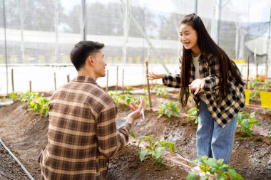 Bahçe merkezinde çalışan genç bir adam ve genç bir kadın dijital tablete bakıyor. İki bahçıvan fabrika stoklarını dijital tabletle kontrol ediyor...