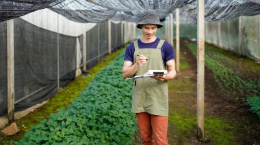Çiftçi serada ürün kalitesini kontrol ediyor.