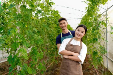 Tarım, çiftçi erkek ve kadın çiftçi sürdürülebilir bitkiler ve ekolojik çevrenin gelişimi için gurur duyulan bir serada. Sürdürülebilirlik için kırsaldaki bir çiftlikte kadın portresi.