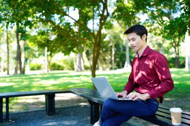 Parktaki bankta oturan bir adam yanında kahve fincanıyla dizüstü bilgisayar kullanarak güneşli bir günün tadını çıkarıyor..