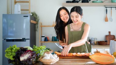 Lezbiyen çift mutfakta birlikte yemek pişiriyor. Bir kadın, partnerini arkadan sevgiyle kucaklıyor. Mutlu bir aile ortaklığı, aşk ve lgbtq ailesi yaşam tarzı kavramı..