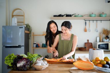 Lezbiyen çift mutfakta birlikte yemek pişiriyor. Bir kadın, partnerini arkadan sevgiyle kucaklıyor. Mutlu bir aile ortaklığı, aşk ve lgbtq ailesi yaşam tarzı kavramı..