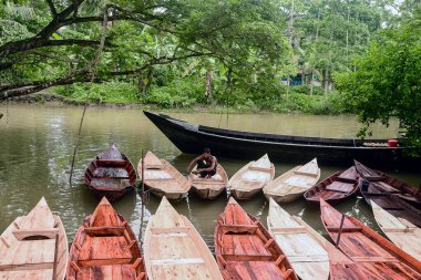 Tropik bir köyün yanında, sakin bir nehirde kürek çeken kayıklar, palmiye ağaçları ve kırmızı çatıları olan.