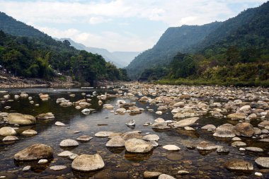 Tranquil Mountain River Scene With Pebble Beach, Forest, and Distant Ranges