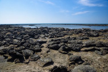 Rocky Coastal Landscape with Clear Blue Sky and Serene Ocean View