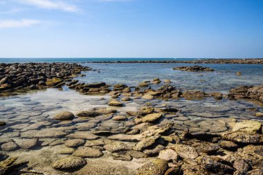 Rocky Coastal Landscape with Clear Blue Sky and Serene Ocean View