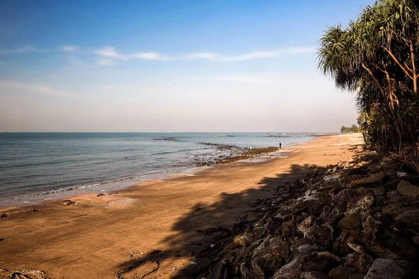 Sakin Akşam Günbatımında Rocky Shoreline ile Tropikal Plaj